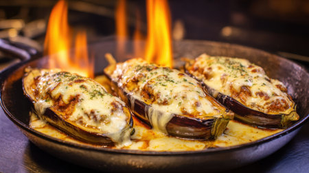 Three stuffed eggplants are in a pan with cheese sauce. The sauce is bubbling and the eggplants are browningの素材