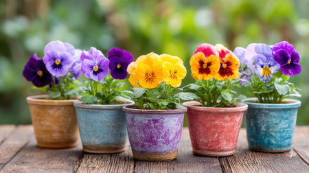 Vibrant pansy flowers in shades of purple yellow and orange are planted in decorative pots. They are arranged neatly on a rustic wooden table amidst green foliage on a sunny day.の素材