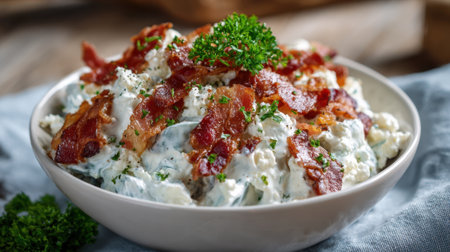 A bowl of bacon and cheese salad with parsley on top. The salad is served on a tableclothの素材