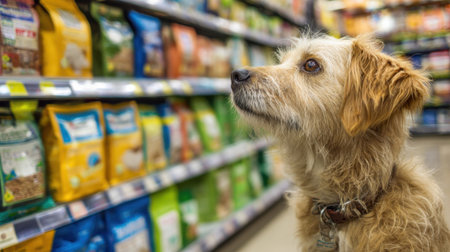 A curious dog stands in a pet food aisle gazing intently at colorful bags of dog food. The store is well-lit and shelves are stocked neatly with various brands.の素材