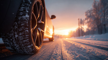 A car is parked on a snowy road with the sun setting in the background. The tire of the car is visible, and the snow on the road is deep. The scene has a serene and peaceful moodの素材