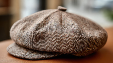 A brown hat with a brown and tan pattern. The hat is sitting on a brown surfaceの素材