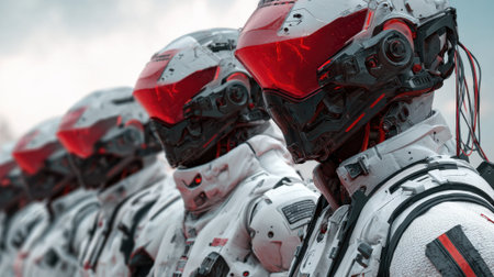 A group of advanced robots with sleek white designs and striking red visors stands poised in a sci-fi environment. The setting hints at a high-tech future.の素材