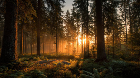 Sunlight filters through the canopies of tall trees in a serene forest setting at dawn. The soft glow illuminates ferns and rocks creating a tranquil atmosphere.の素材