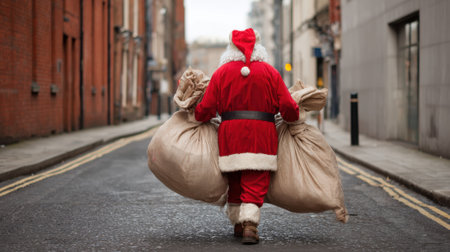 A person dressed as Santa walks away down a quiet street holding two large bags. The scene captures the festive spirit of the season.の素材