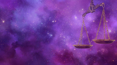 Decorative scales of justice hang against a vibrant cosmic background of purple and blue with twinkling stars symbolizing balance and fairness in the universe.の素材