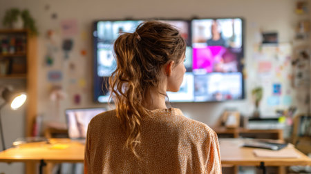 A woman stands in a cozy home office observing a large screen showing various video calls and presentations. Soft lighting enhances the focused atmosphere of remote work.の素材