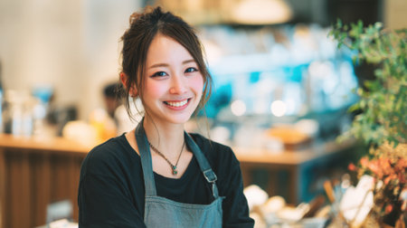A woman with a black apron and a necklace is smiling. She is standing in front of a counter in a restaurantの素材