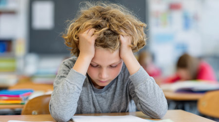 A boy is sitting at a desk with his head in his hands. He looks very upset and is cryingの素材