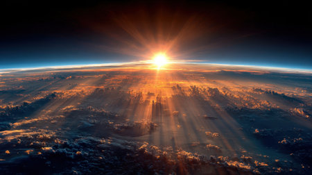 The sun is setting over the horizon, casting a warm glow over the earth. The sky is filled with clouds, creating a serene and peaceful atmosphereの素材