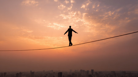 A man is walking on a tightrope in the middle of a city. The sky is orange and the city is in the background. The man is wearing a suit and he is enjoying the challengeの素材