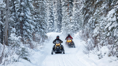 Two snowmobiles are racing down a snowy road. The riders are wearing helmets and goggles, and the snowmobile is yellow. The scene is exciting and adventurousの素材