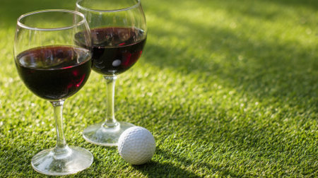 Two wine glasses with red wine and a golf ball on the grass. Scene is relaxed and leisurelyの素材