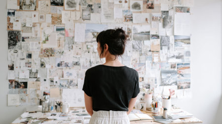A woman stands in front of a wall covered in pictures and notes. She is looking at the wall, possibly contemplating or organizing her thoughts. The wall is filled with various images and notesの素材