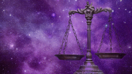 A set of scales of justice stands prominently against a striking cosmic background filled with deep purple and shimmering stars. The scales symbolize fairness and equality.の素材