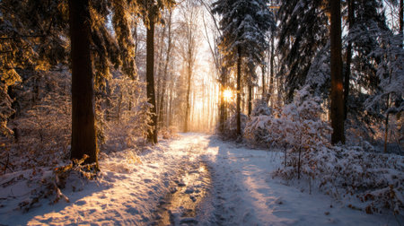 A snowy forest with a path through it. The sun is shining through the trees, casting a warm glow on the snow. The scene is peaceful and serene, with the snow-covered groundの素材