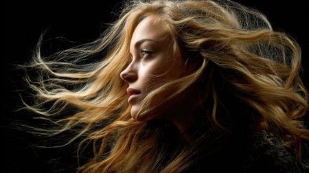 A woman with long blonde hair is blowing in the wind. The image has a moody and dramatic feel to it, as the woman's hair is flying wildly and the background is dark. The woman's expression is seriousの素材