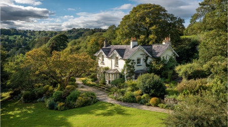 A charming house sits harmoniously in a vibrant garden surrounded by trees and hills. Sunlight bathes the scene highlighting the natural beauty of the countryside.の素材