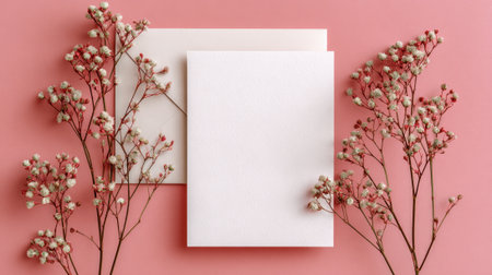 A white card with a flower on it is on a pink background. The card is empty and the flower is in the middle of the cardの素材
