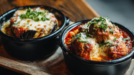 Two bowls of food with meatballs and cheese. The bowls are black and the food is redの素材