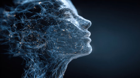 A woman's face is shown in a blue and white color scheme. The image is abstract and futuristic, with a sense of mystery and intrigue. The woman's face is made up of lines and dots, giving it a uniqueの素材