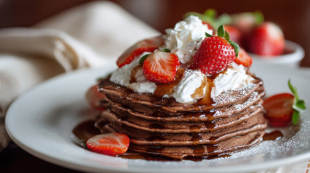 A towering stack of chocolate pancakes is beautifully arranged on a plate. Fresh strawberries and a dollop of whipped cream crown the dish drizzled with syrup creating a tempting breakfast treat.の素材