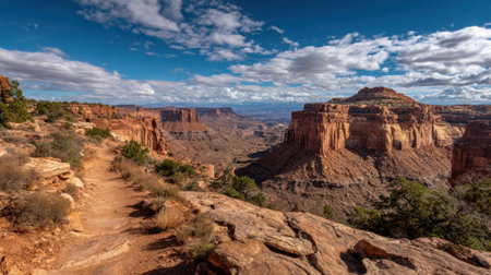 A trail winds through a canyon with a mountain in the background. The sky is clear and the sun is shiningの素材