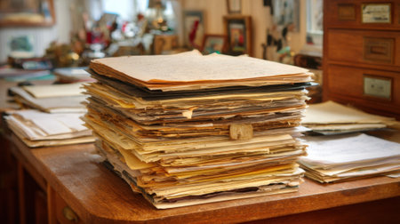 A large pile of old papers sits on a wooden desk in a well-lit study. The room has vintage decorations and personal items creating a warm nostalgic atmosphere.の素材