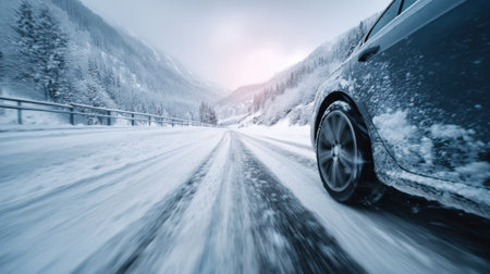 A car is driving down a snowy road with a mountain in the background. The car is covered in snow and the road is covered in snow as well. The scene is very cold and snowyの素材