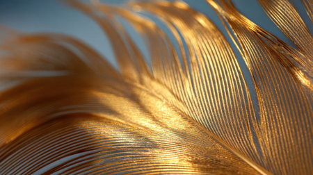 A feather with a golden hue is shown in the image. The feather is long and has a shiny appearance, giving it a luxurious and elegant lookの素材