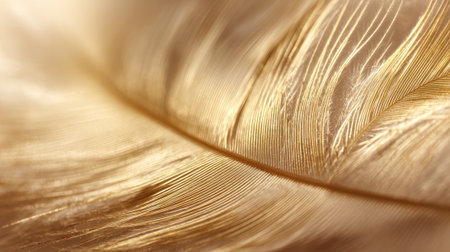 A feather with a gold hue is the main focus of the image. The feather is long and thin, with a slightly curved shape. The gold color of the feather creates a warm and inviting atmosphereの素材