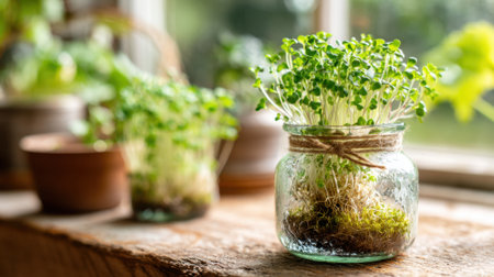 A small plant is in a glass jar on a wooden table. The plant is surrounded by moss and he is growing in a vase. The scene is peaceful and calming, with the plant adding a touch of nature to the roomの素材