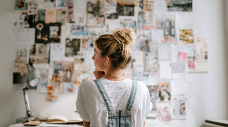 A woman with a ponytail is looking at a wall covered in pictures and notes. The wall is a collage of various images and notes, and the woman is contemplating or thinking about somethingの素材