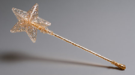 A gold star wand with glitter on it. The wand is long and thin. It is sitting on a grey surfaceの素材