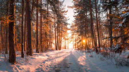 A snow-covered forest with a path leading through it. The sun is setting, casting a warm glow on the trees and snow. The scene is peaceful and serene, with the quietness of the woodsの素材