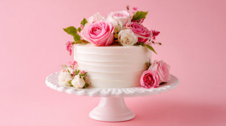 A white cake with pink flowers on top of it. The cake is placed on a white cake standの素材