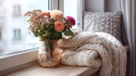 A vase of flowers sits on a wooden table next to a white blanket. The flowers are pink and orange, and the blanket is knitted. Concept of warmth and comfort, as the flowersの素材