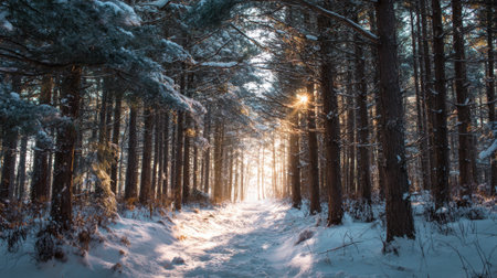 A snow-covered forest with a path through it. The sun is shining through the trees, creating a warm and inviting atmosphereの素材