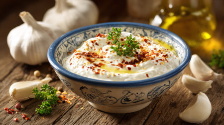 A bowl of creamy white dip with parsley and garlic is placed on a wooden table. The dip is rich and flavorful, with a hint of garlic and parsley adding a fresh, herbaceous touchの素材