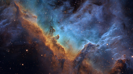 Vast cosmic scene showcases a colorful nebula filled with swirling gases and countless bright stars. This stunning view reveals the beauty of deep space during astronomical observation.の素材