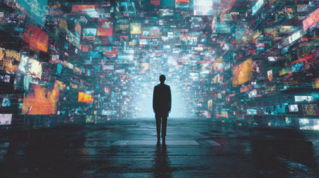 A man stands in front of a wall of screens, each one displaying a different image. The scene is surreal and futuristic, with the man appearing to be lost in the endless stream of imagesの素材