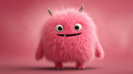 A pink monster with horns and a big smile. The monster is standing on a pink background. The monster has a happy expression and he is enjoying itselfの素材