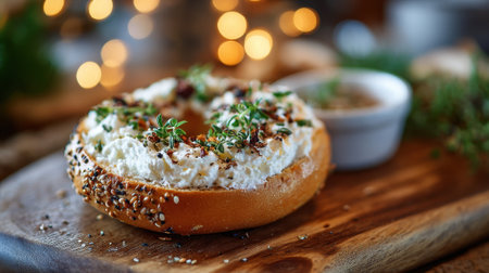A bagel with herbs and cheese on top sits on a wooden cutting board. The bagel is surrounded by a bowl of sauce and a small container of herbs. Concept of comfort and indulgenceの素材