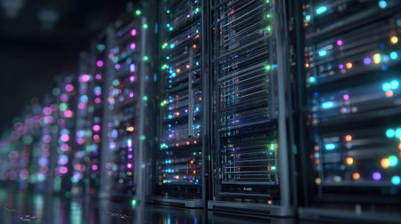 A row of computer servers with colorful lights on them. The servers are lined up in a row and are glowing brightly. Concept of technology and innovation, as well as a futuristic and modern feelの素材