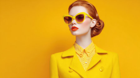 A woman in a yellow outfit with sunglasses and red lips. She is standing in front of a yellow backgroundの素材