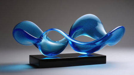 A blue glass sculpture of a wave with a black base. The sculpture is on a white backgroundの素材