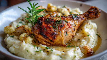 A plate of mashed potatoes and chicken with herbs on top. The chicken is cooked and has a crispy skin. The mashed potatoes are creamy and fluffy. The herbs add a fresh and savory flavor to the dishの素材