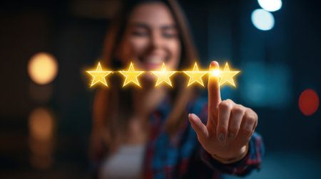 A woman is pointing at five stars on a screen. Concept of positivity and appreciation, as the woman is smiling and giving a thumbs up gestureの素材