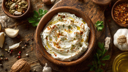 A bowl of white dip sits on a wooden table with a variety of spices and herbs nearby. The bowl is filled with a creamy white sauce, and the table is covered with a mix of ingredients, including garlicの素材