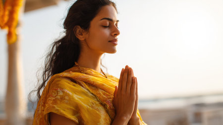A woman in a yellow dress is praying. She is looking up at the skyの素材